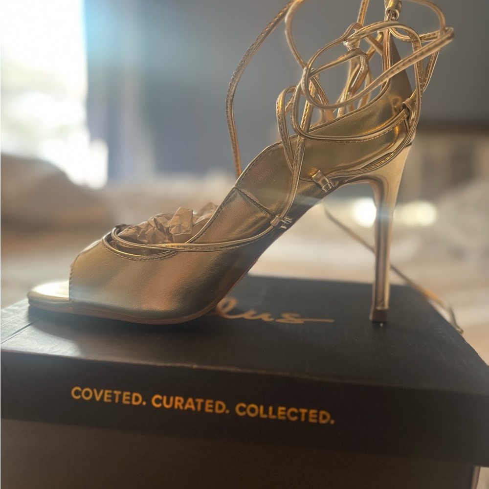 Lulu's Gold Stiletto Heels with Lace-Up Straps